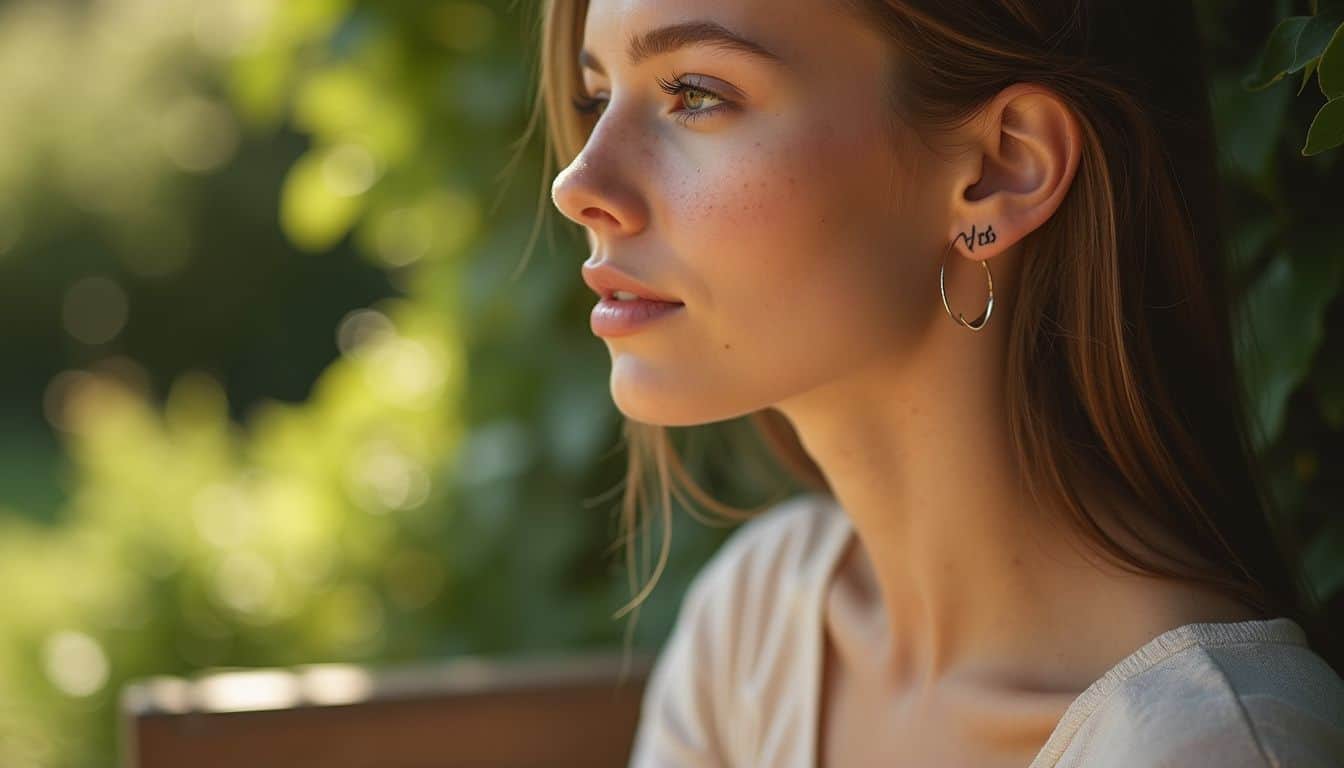 A young woman sits on a bench outdoors, showcasing her relaxed demeanor and subtle personal style with jewelry and a tattoo. A young woman sits on a bench outdoors, showcasing her relaxed demeanor and subtle personal style with jewelry and a tattoo.