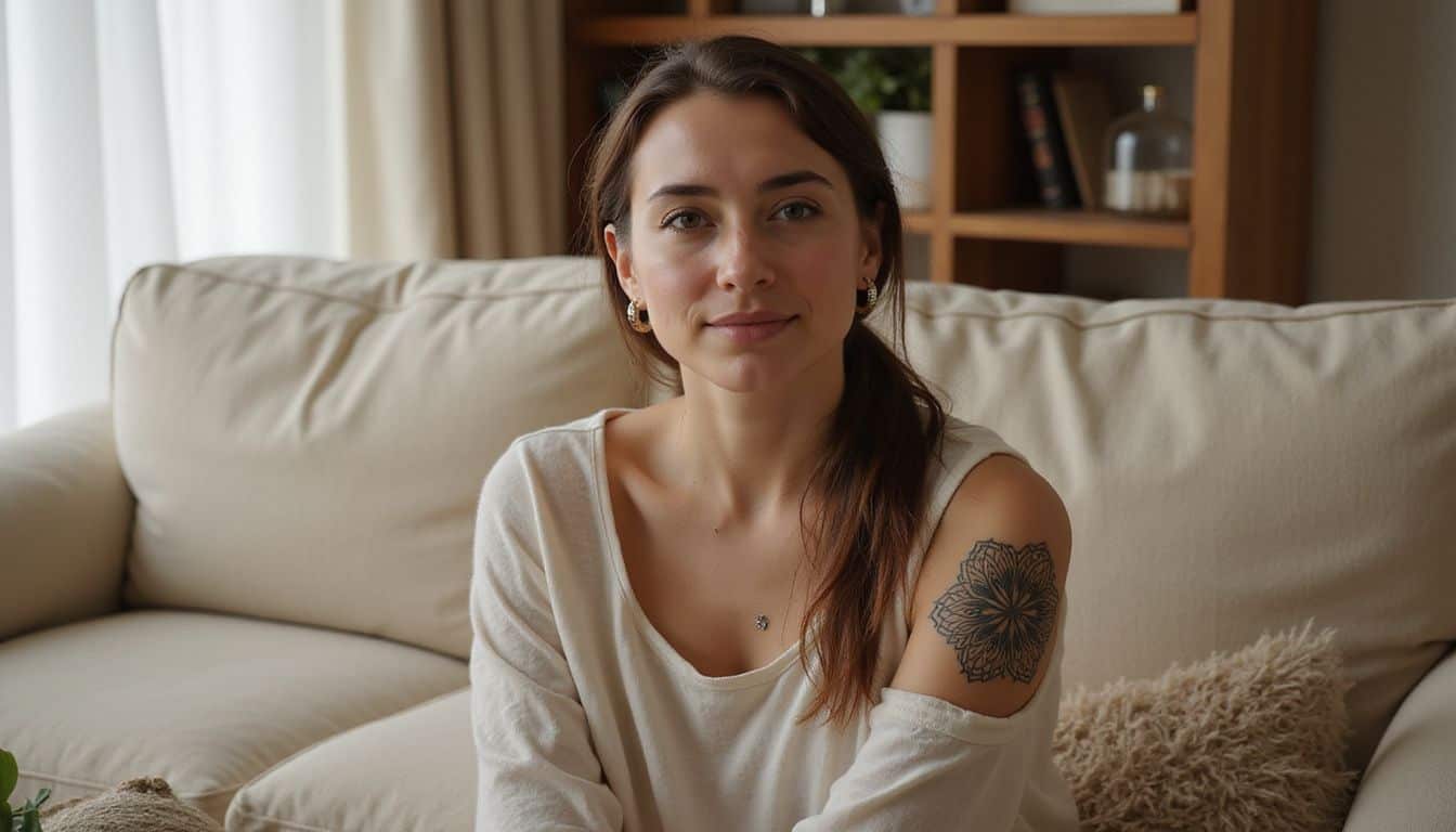 A woman sits on a plush sofa, wearing a light blouse and displaying a detailed mandala tattoo on her arm. A woman sits on a plush sofa, wearing a light blouse and displaying a detailed mandala tattoo on her arm.
