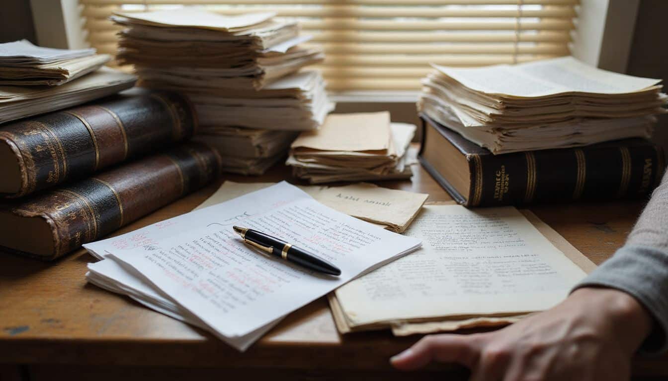 A cluttered office desk filled with papers, legal books, and a fountain pen reflects a diligent professional's workspace. A cluttered office desk filled with papers, legal books, and a fountain pen reflects a diligent professional's workspace.