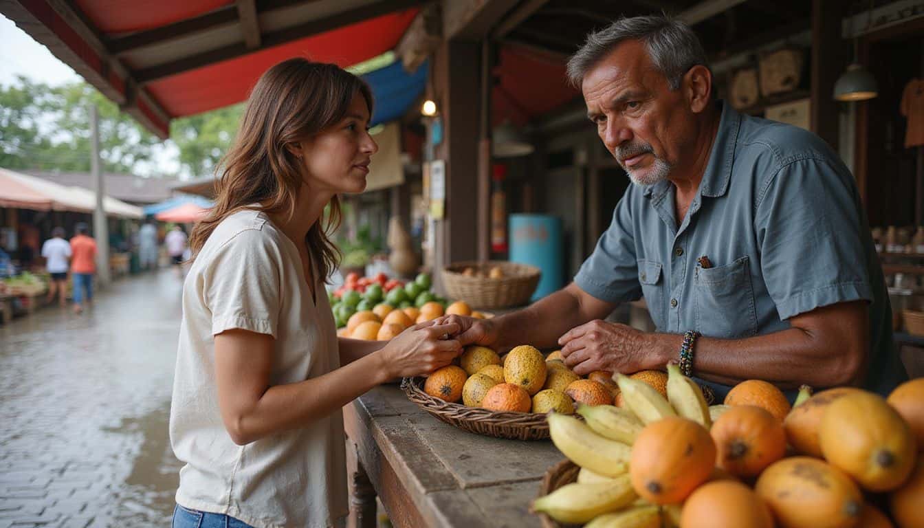A woman pauses in conversation with a patient vendor amid a bustling market filled with vibrant fruits and handmade goods. A woman pauses in conversation with a patient vendor amid a bustling market filled with vibrant fruits and handmade goods.