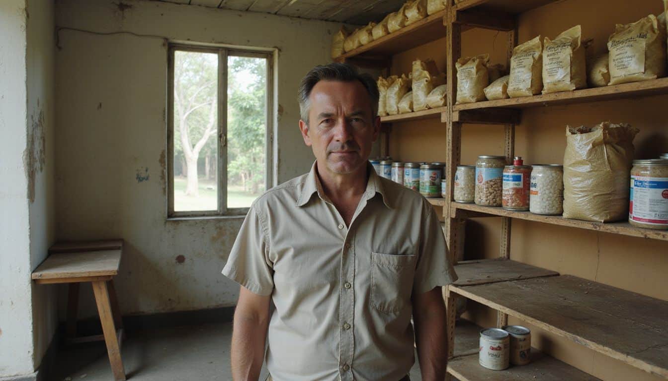 A weary person browses a modest, worn grocery store filled with basic staple foods and signs of age. A weary person browses a modest, worn grocery store filled with basic staple foods and signs of age.