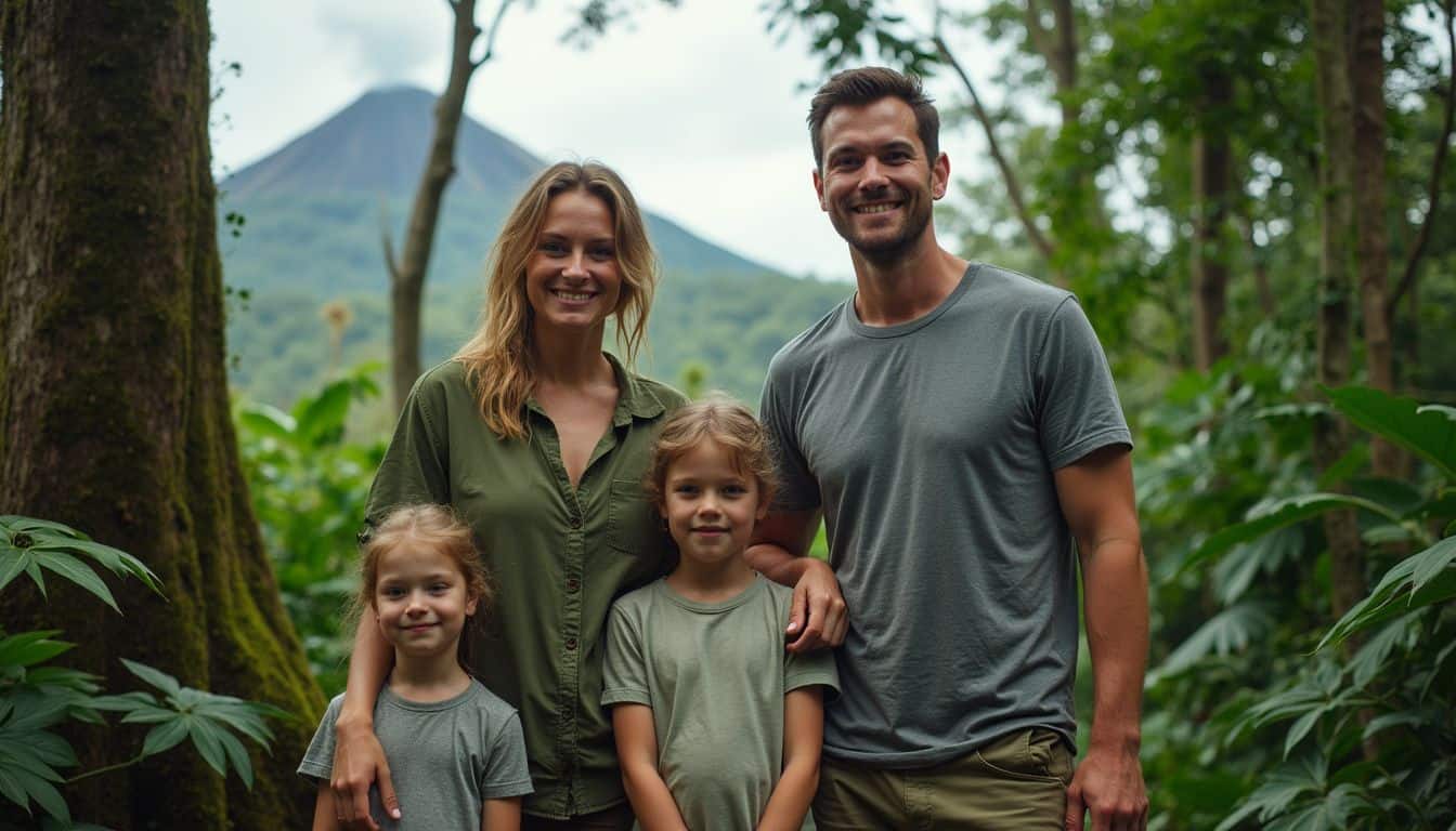 A family of four stands contentedly in a lush Costa Rican rainforest, surrounded by vibrant foliage and natural beauty. A family of four stands contentedly in a lush Costa Rican rainforest, surrounded by vibrant foliage and natural beauty.