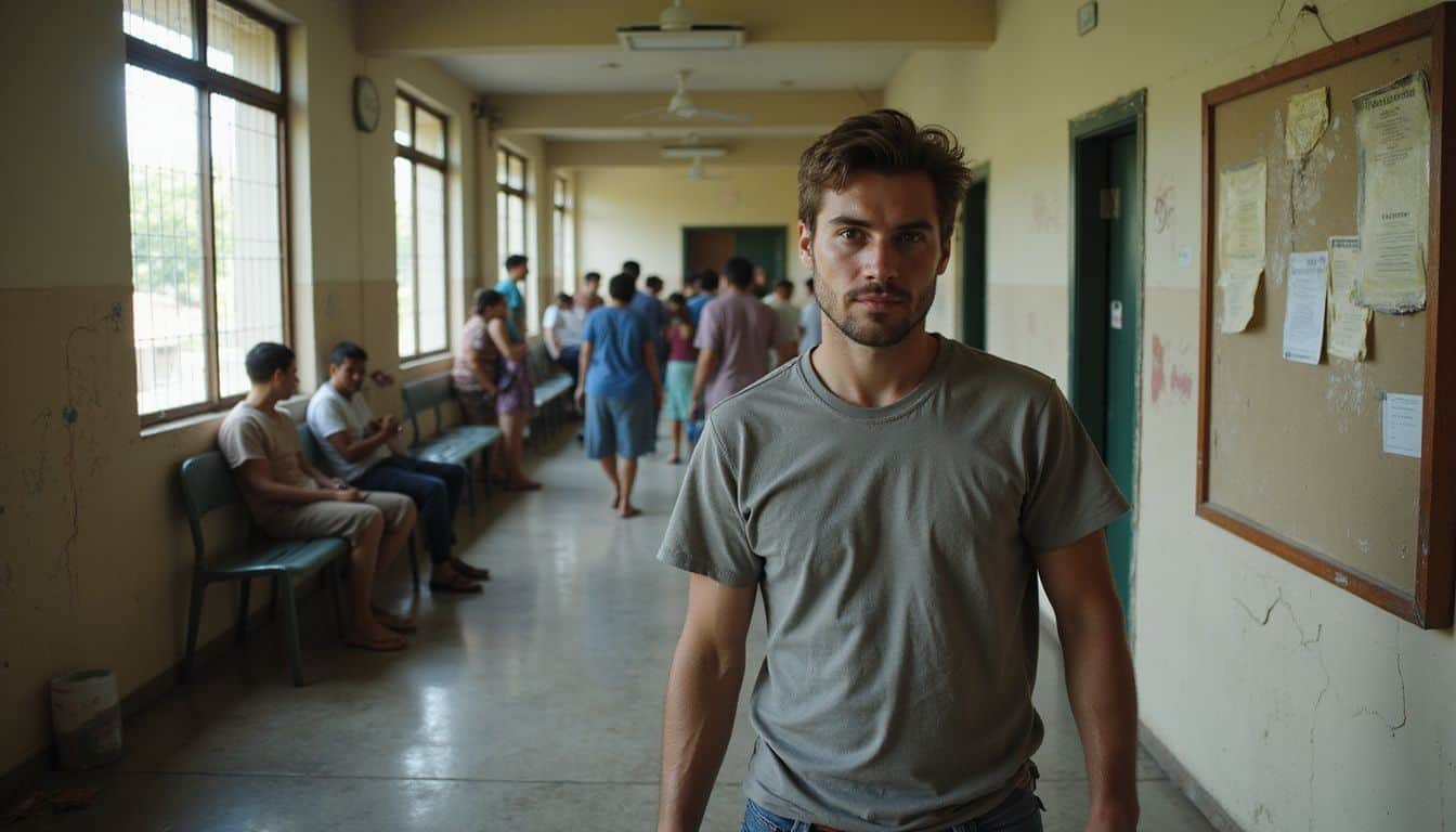 A crowded public hospital corridor in Costa Rica showcases weary patients and a stressed environment amid deteriorating facilities. A crowded public hospital corridor in Costa Rica showcases weary patients and a stressed environment amid deteriorating facilities.