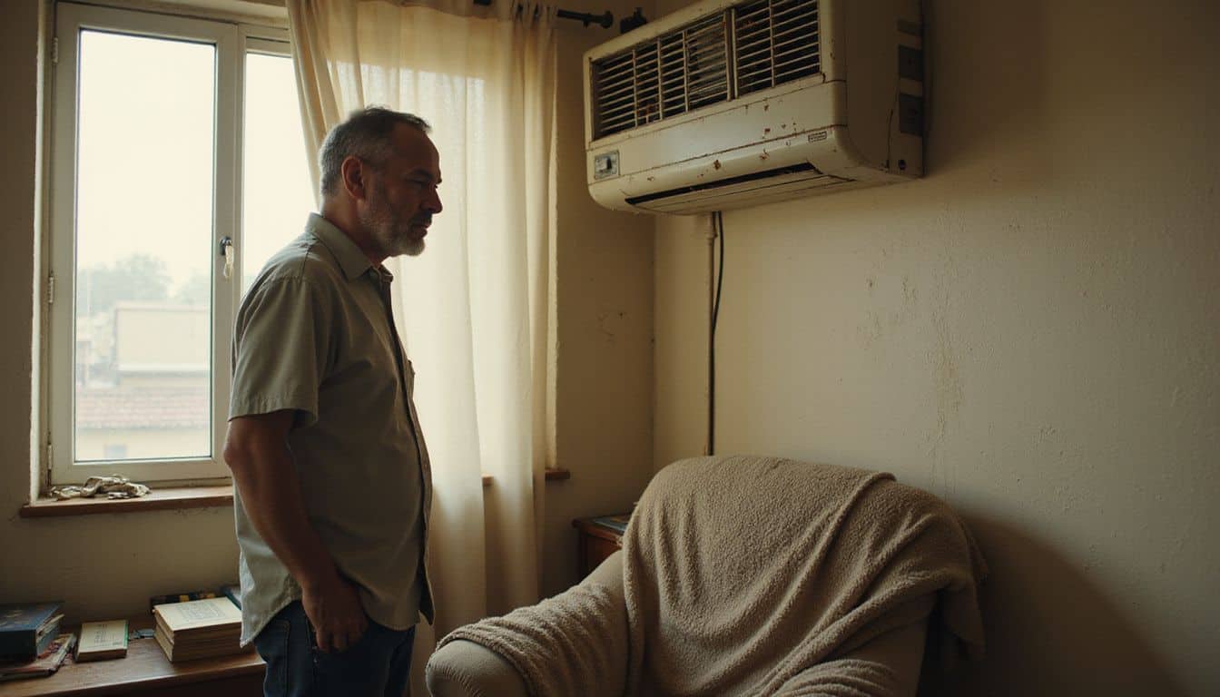 An older man stands in a cluttered living room with an aging wall-mounted air conditioning unit, visibly uncomfortable in the heat. An older man stands in a cluttered living room with an aging wall-mounted air conditioning unit, visibly uncomfortable in the heat.