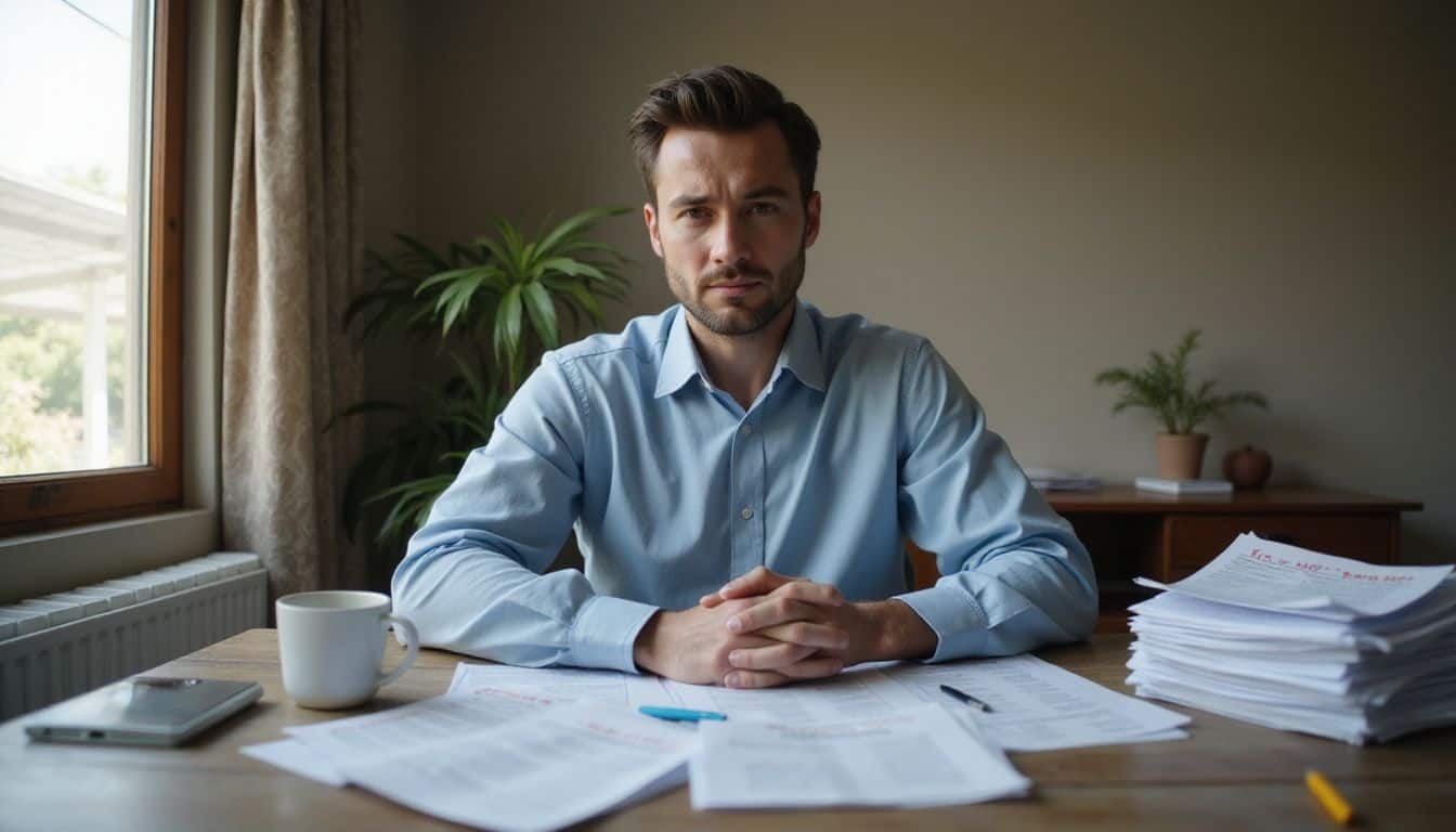 A man appears frustrated while sorting through scattered paperwork, including Costa Rican tax forms, at a cluttered wooden desk. A man appears frustrated while sorting through scattered paperwork, including Costa Rican tax forms, at a cluttered wooden desk.