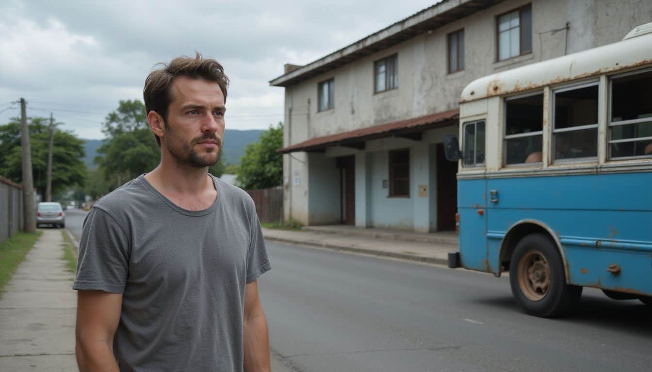 A man stands in a queue outside a weathered government office building, displaying signs of quiet frustration. A man stands in a queue outside a weathered government office building, displaying signs of quiet frustration.
