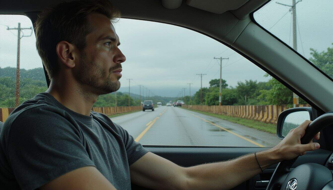 A frustrated man sits in a sedan, facing rainy, damaged highway traffic in rural Costa Rica. A frustrated man sits in a sedan, facing rainy, damaged highway traffic in rural Costa Rica.