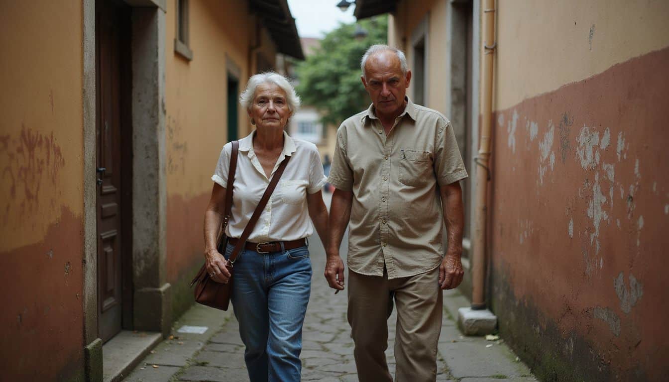 An elderly couple cautiously navigates a narrow, uneven alleyway, reflecting concern in their expressions and posture. An elderly couple cautiously navigates a narrow, uneven alleyway, reflecting concern in their expressions and posture.