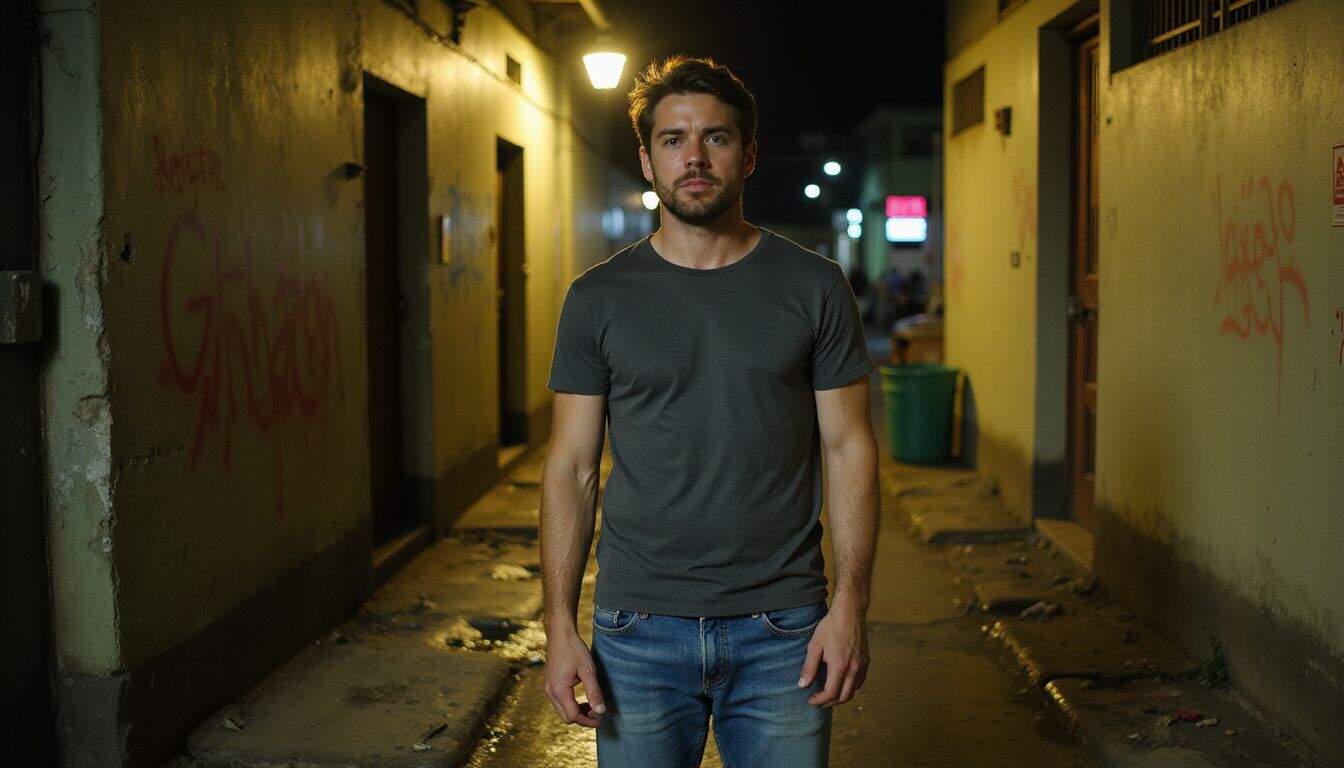 A wary man stands in a narrow alley, poised and alert amidst a tense urban environment. A wary man stands in a narrow alley, poised and alert amidst a tense urban environment.