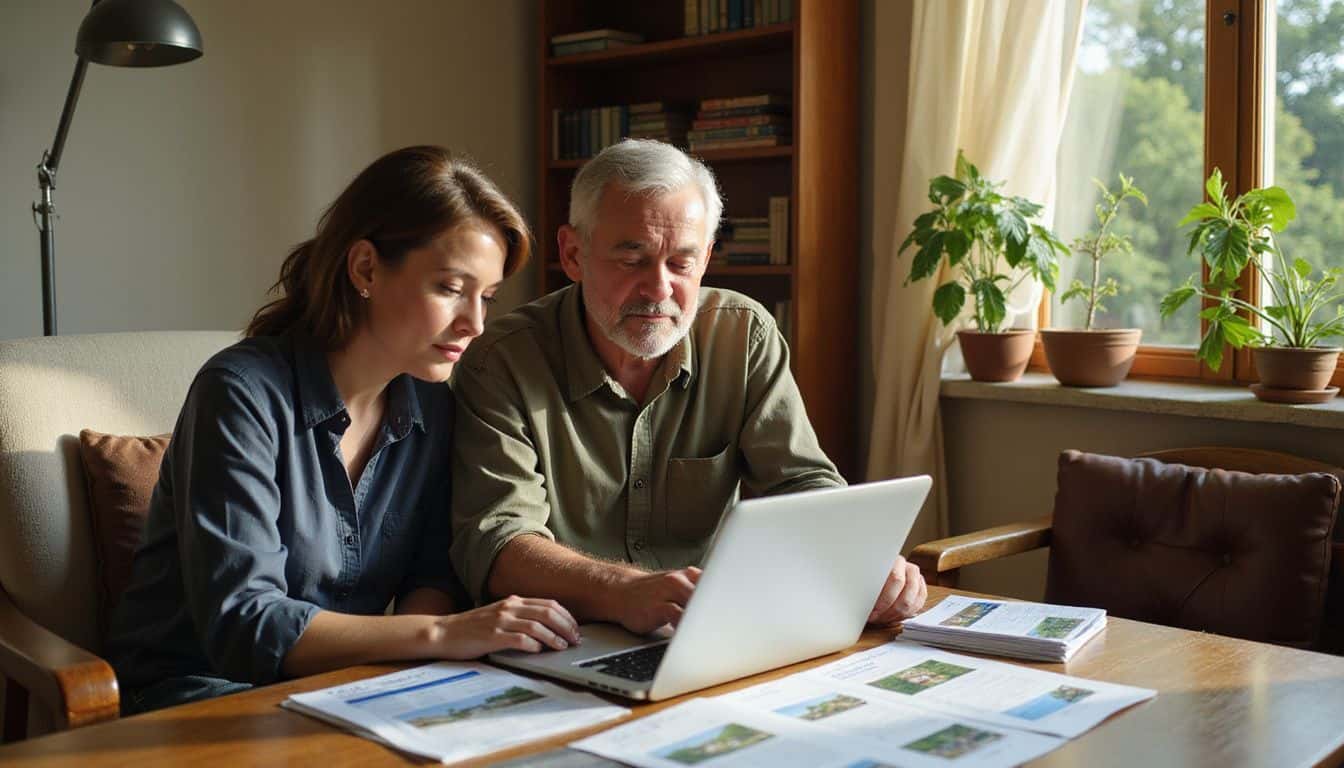 A couple in their late 50s collaborates on a laptop, exploring real estate listings for Costa Rican properties. A couple in their late 50s collaborates on a laptop, exploring real estate listings for Costa Rican properties.