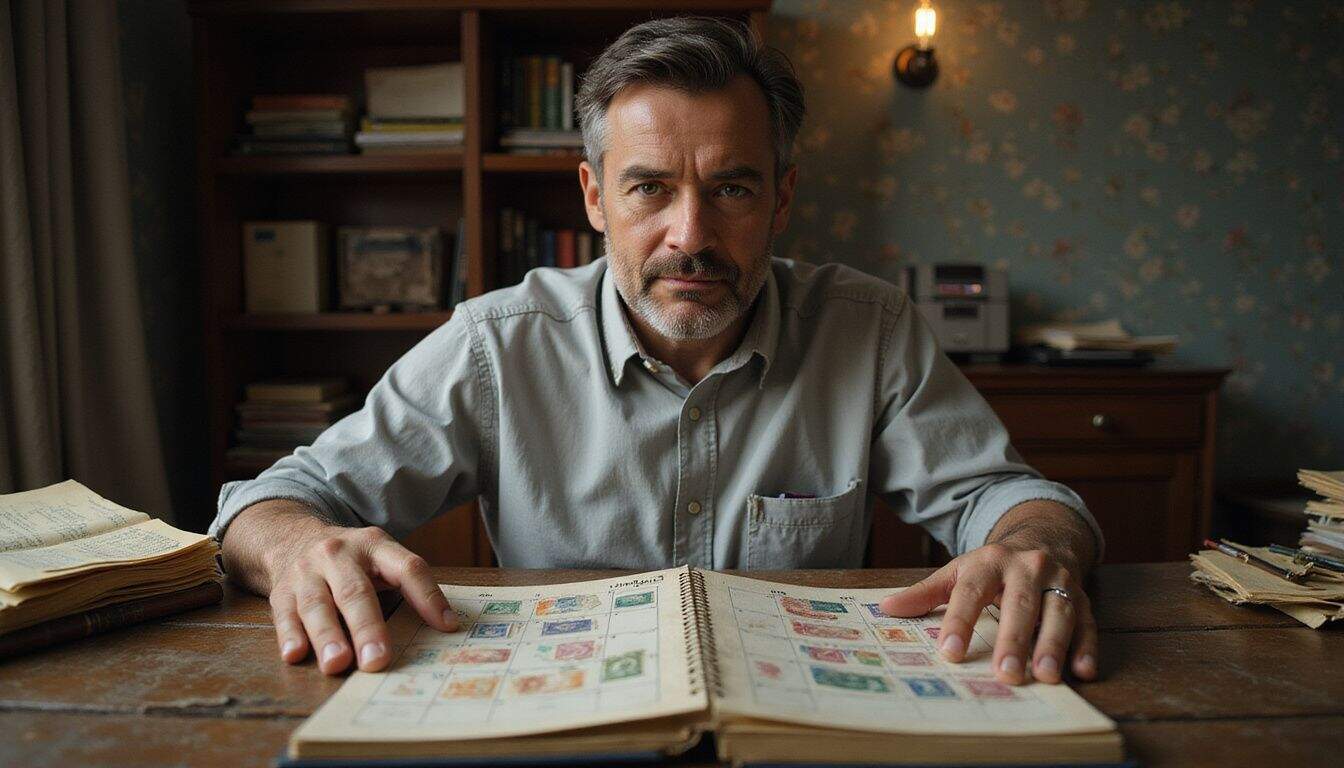 A middle-aged man examines an inked calendar filled with immigration stamps, reflecting on his travels and current concerns. A middle-aged man examines an inked calendar filled with immigration stamps, reflecting on his travels and current concerns.