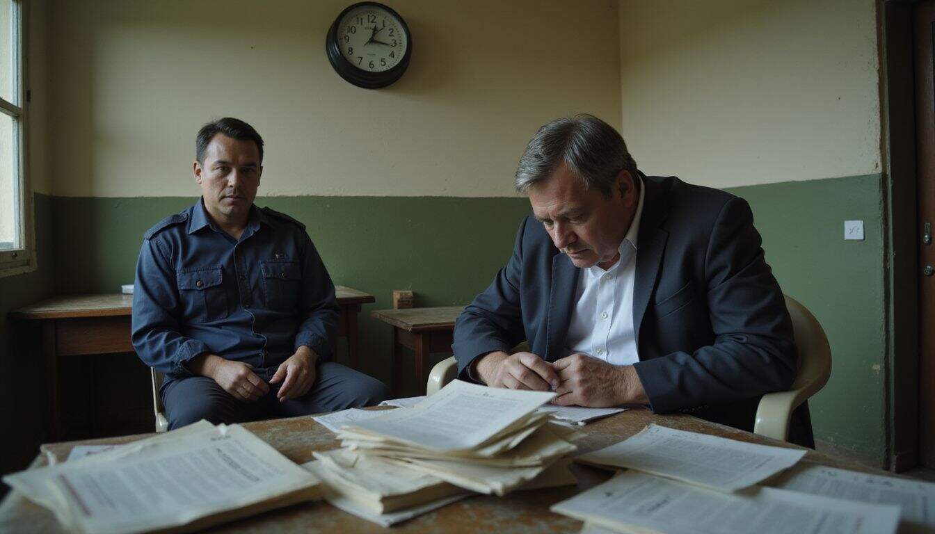 A middle-aged individual sits in frustration across from a composed immigration officer in a cluttered bureaucratic office. A middle-aged individual sits in frustration across from a composed immigration officer in a cluttered bureaucratic office.