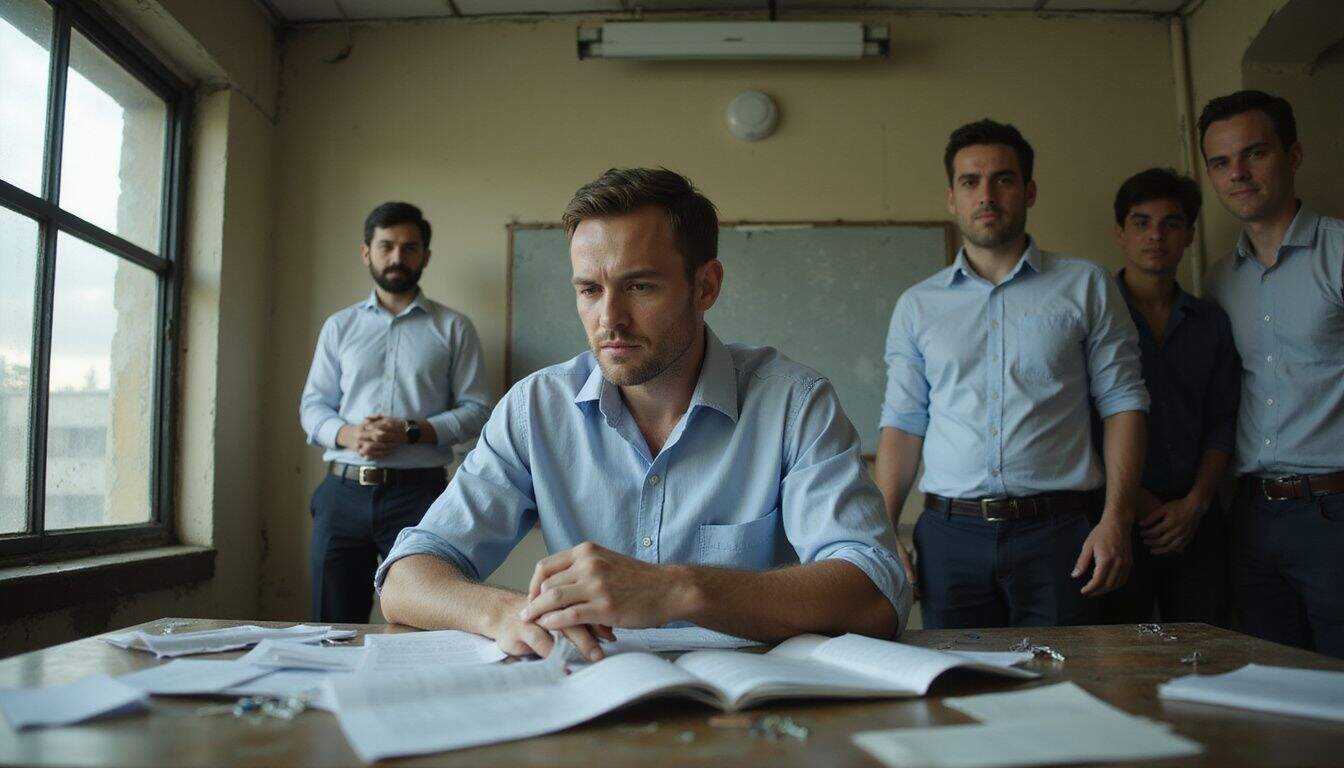 A frustrated man in a wrinkled shirt sorts through disorganized paperwork in a cluttered government office. A frustrated man in a wrinkled shirt sorts through disorganized paperwork in a cluttered government office.