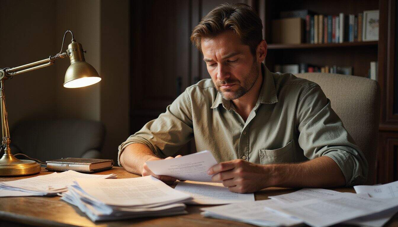 A frustrated man in his 40s sits at a cluttered desk, focused on paperwork and tax forms. A frustrated man in his 40s sits at a cluttered desk, focused on paperwork and tax forms.