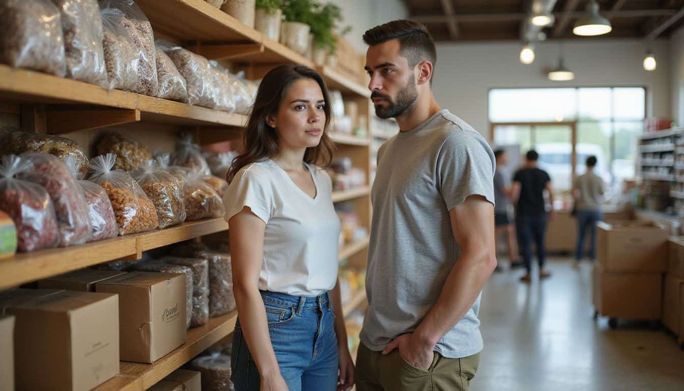 A couple appears tense while shopping in a busy supermarket, focused on price tags and product selections. A couple appears tense while shopping in a busy supermarket, focused on price tags and product selections.