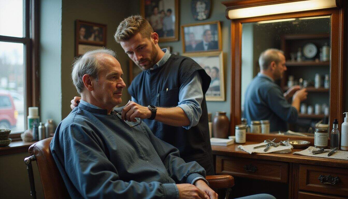 A middle-aged man sits calmly in a vintage barber chair while receiving a haircut from a skilled barber.