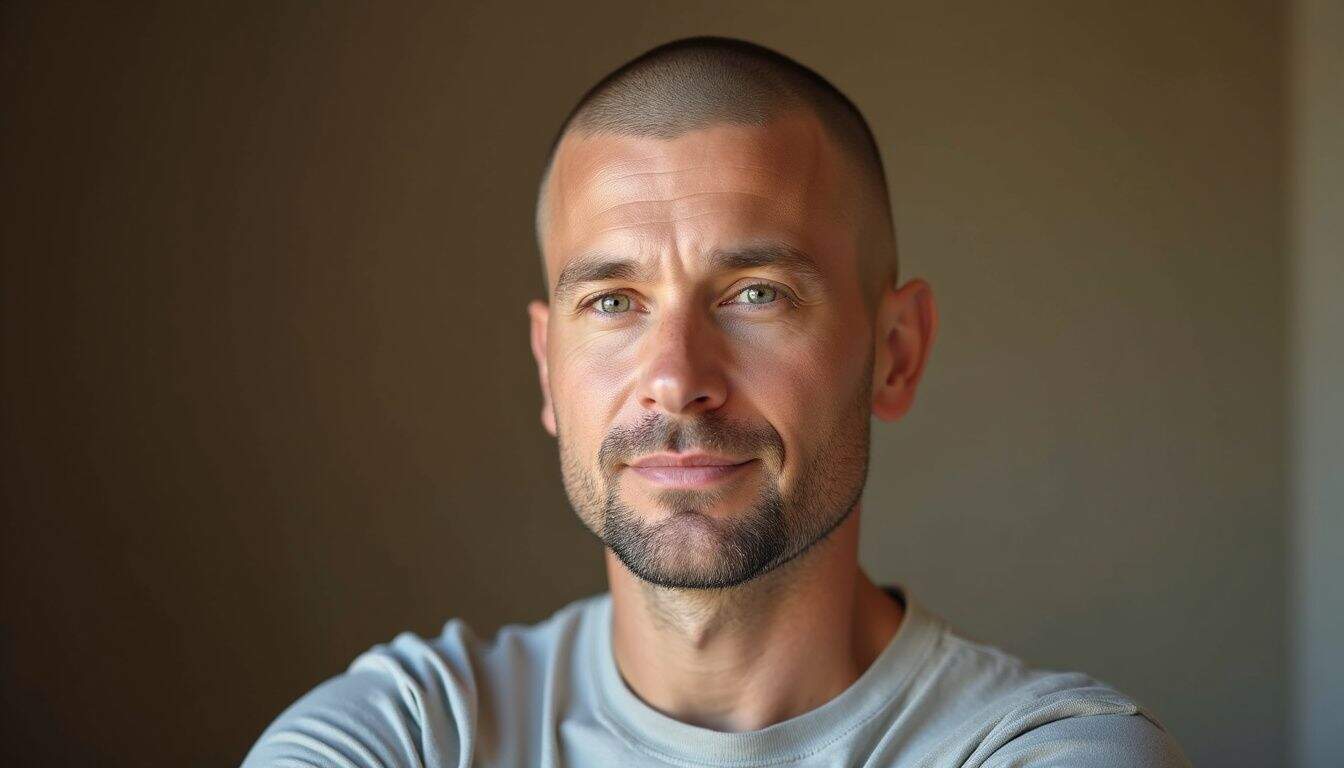 A middle-aged man with a buzz cut and a relaxed expression wears a fitted shirt against a muted background.