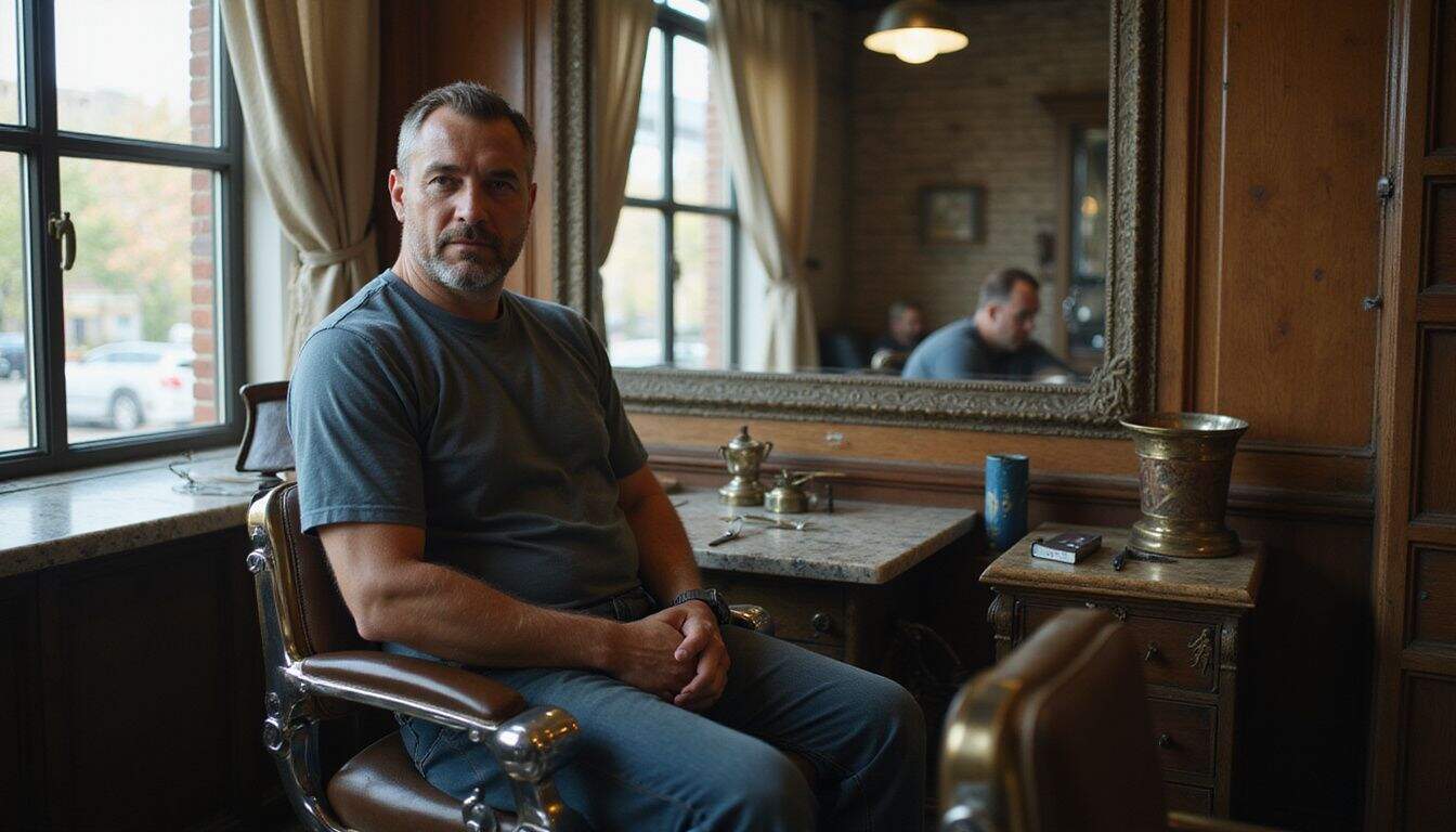A middle-aged man sits contemplatively in an antique barbershop, showcasing meticulous grooming amidst vintage decor.