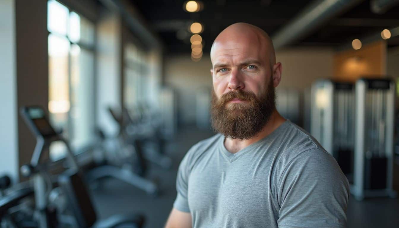 A middle-aged man with a groomed beard poses in a gym, exuding a calm and relaxed demeanor.