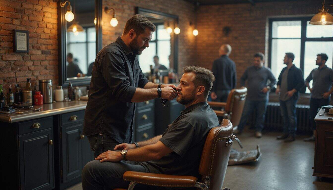 A middle-aged man enjoys a stylish haircut in a vintage barbershop, while others wait nearby.