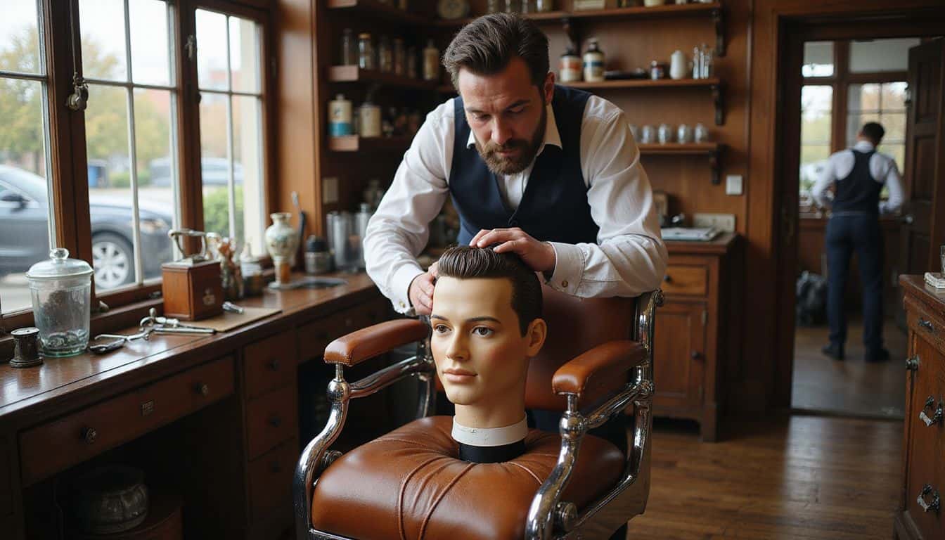 A skilled barber expertly styles a mannequin head in a vintage barber shop adorned with classic tools and wooden furnishings.