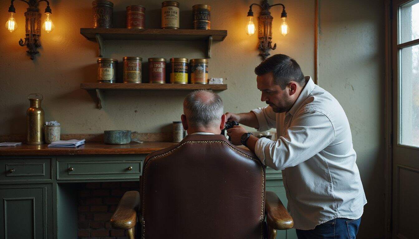A middle-aged man relaxes in a vintage barber chair while a focused barber blends his haircut with electric clippers.