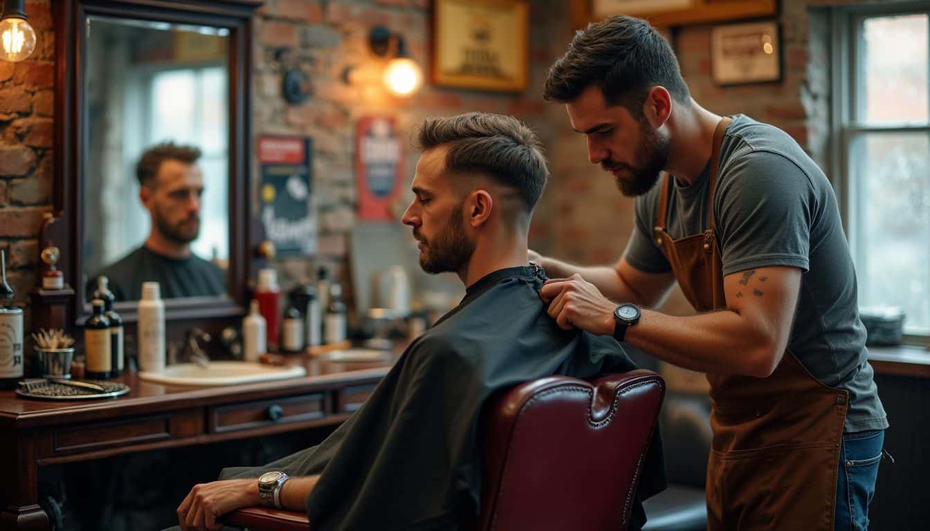 A vintage barber shop features a classic chair, grooming tools, and a focused barber working on a client's haircut.