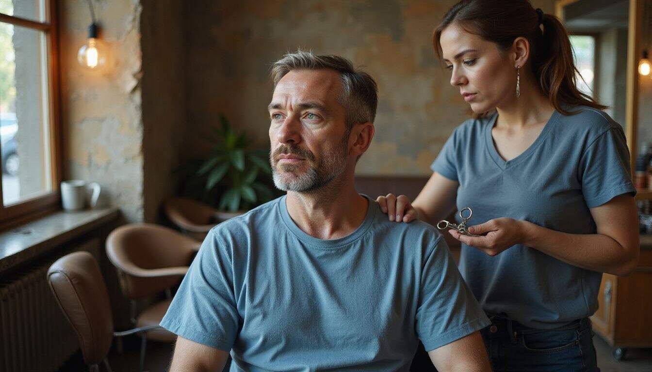 A man sits nervously in a barbershop chair as a hairstylist suggests a modern undercut hairstyle.