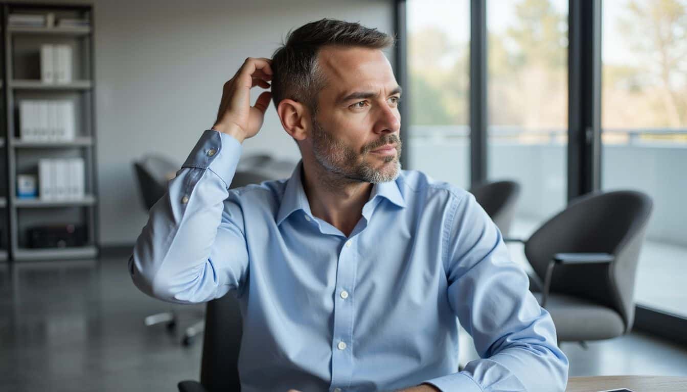 A middle-aged man in a light-blue shirt contemplates while seated at a sleek modern office desk.