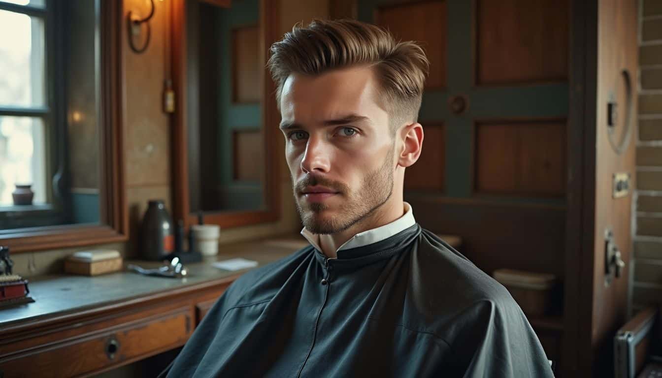 A man in his mid-30s is getting a pompadour haircut in a vintage barbershop.