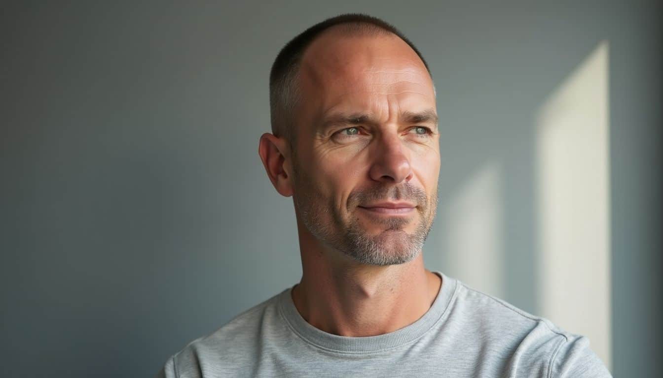 A middle-aged man with a short crew cut and subtle facial details poses casually in a fitted shirt against a gray background.