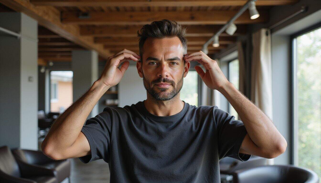 A man in his 40s with a textured haircut poses thoughtfully in a warm, modern salon environment.