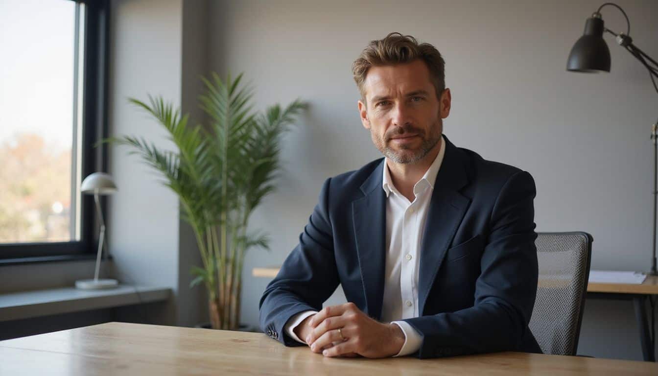 A professional man in a tailored blazer sits thoughtfully at a sleek wooden desk in a contemporary office.