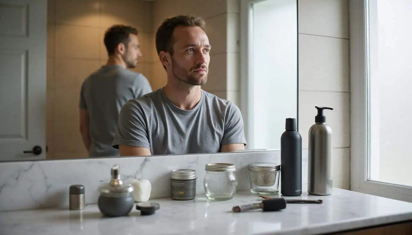A cluttered bathroom counter displays hair care products as a middle-aged man contemplates his grooming routine.