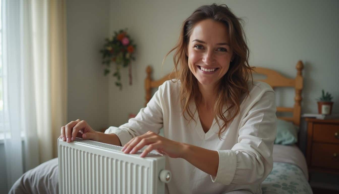 Smiling woman adjusting a compact heater in a small bedroom. Smiling woman adjusting a compact heater in a small bedroom.