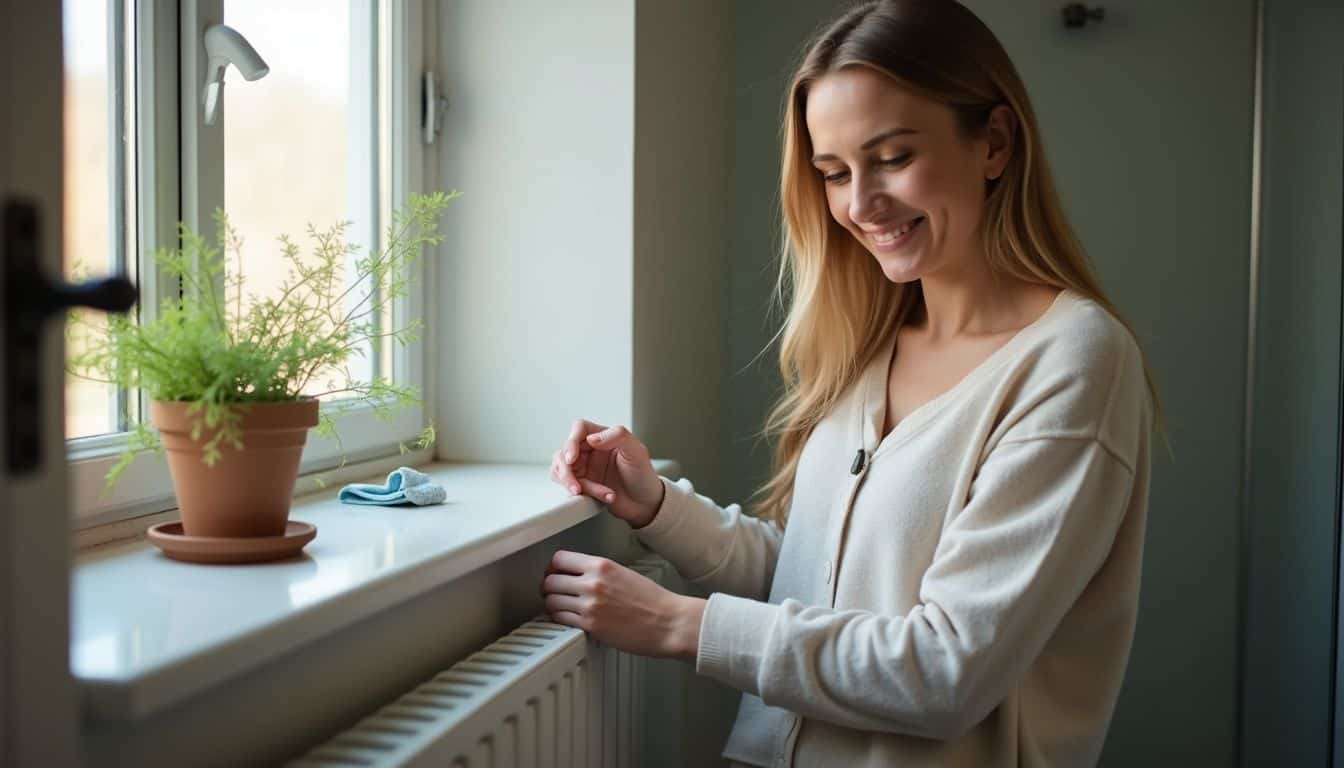 Woman smiling while adjusting a compact radiator in a small bathroom. Woman smiling while adjusting a compact radiator in a small bathroom.