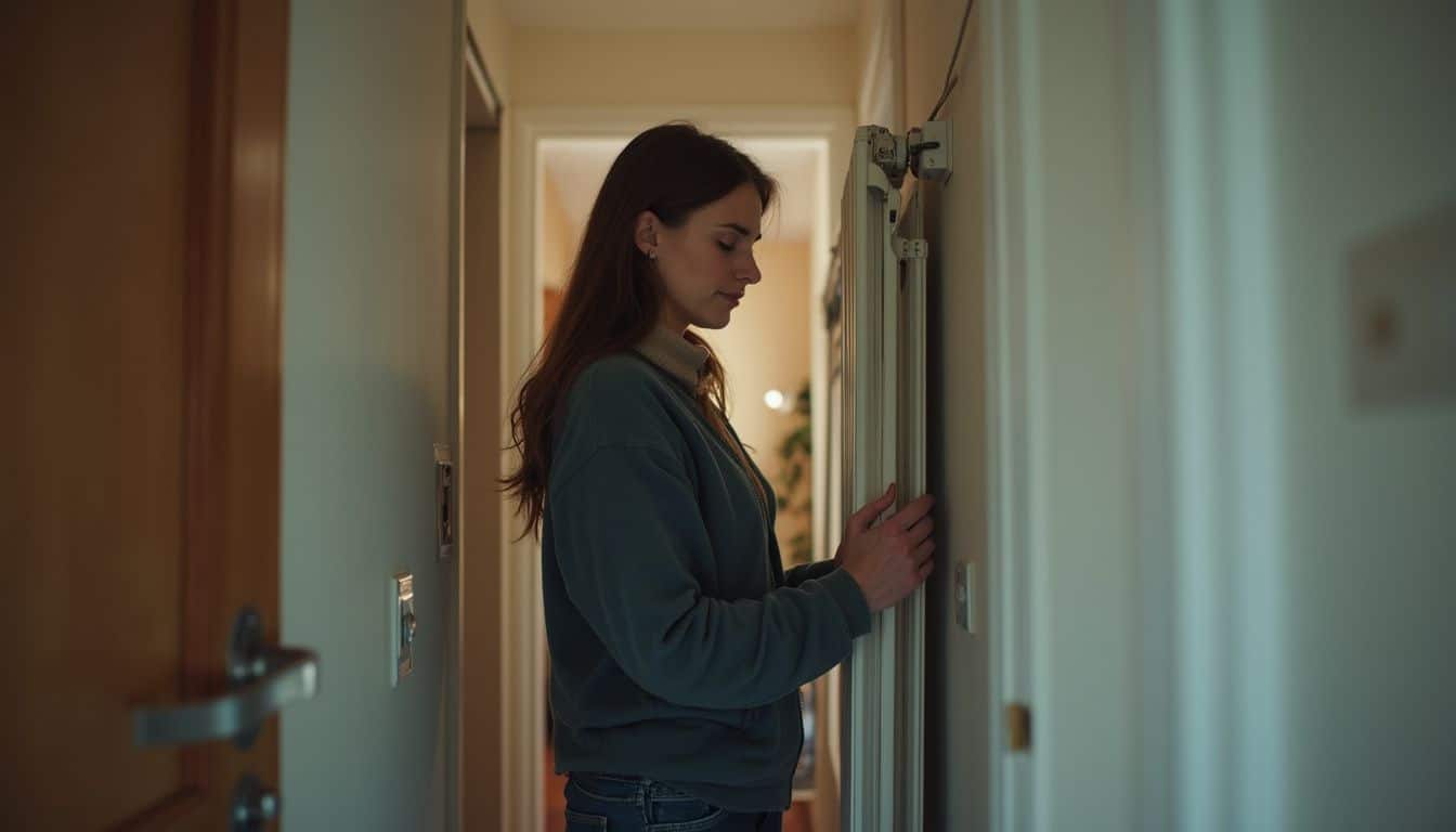 Woman installing a slim radiator in a narrow hallway. Woman installing a slim radiator in a narrow hallway.