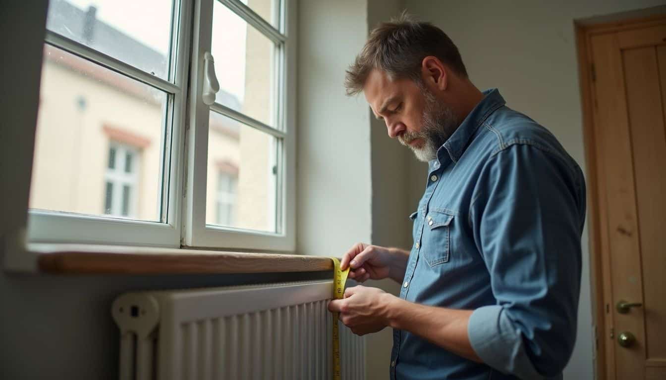 Man measuring a small room to size a new radiator. Man measuring a small room to size a new radiator.