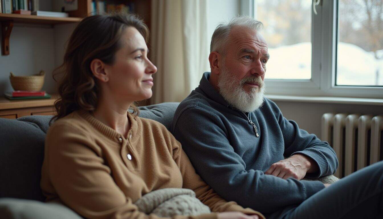 Couple enjoying even warmth in a comfortable living room. Couple enjoying even warmth in a comfortable living room.