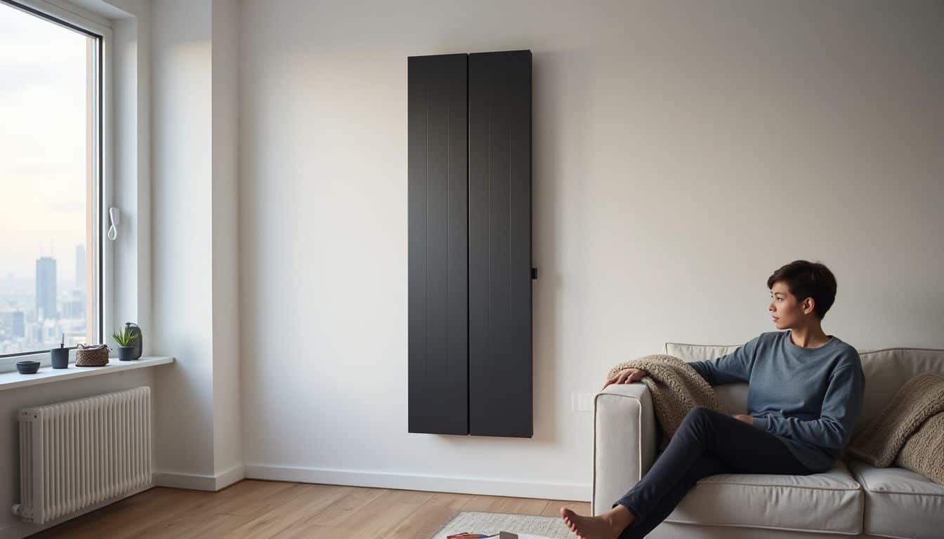 Comfortable living room with a radiator and someone relaxing on a sofa. Comfortable living room with a radiator and someone relaxing on a sofa.