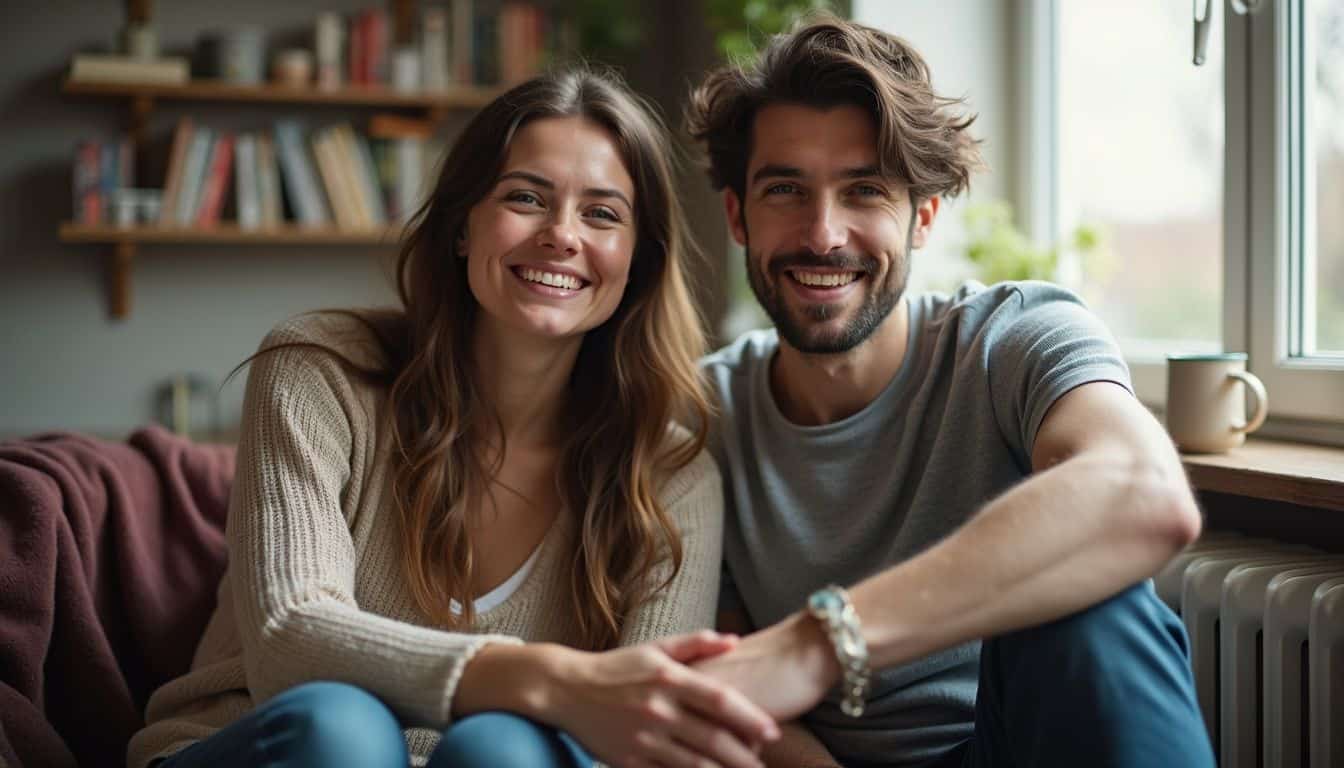 Couple relaxing in a cozy living room with a compact heater. Couple relaxing in a cozy living room with a compact heater.
