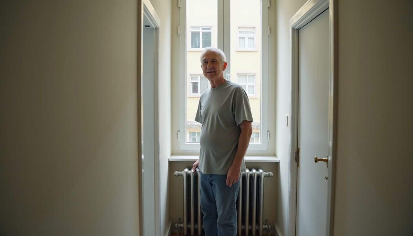 Man standing in a narrow hallway next to a slim stainless steel radiator. Man standing in a narrow hallway next to a slim stainless steel radiator.