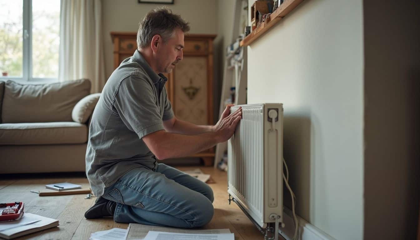 Man installing a small radiator in a tidy living room. Man installing a small radiator in a tidy living room.