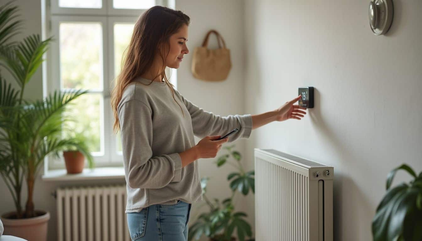 Woman adjusting a smart thermostat near a modern radiator. Woman adjusting a smart thermostat near a modern radiator.