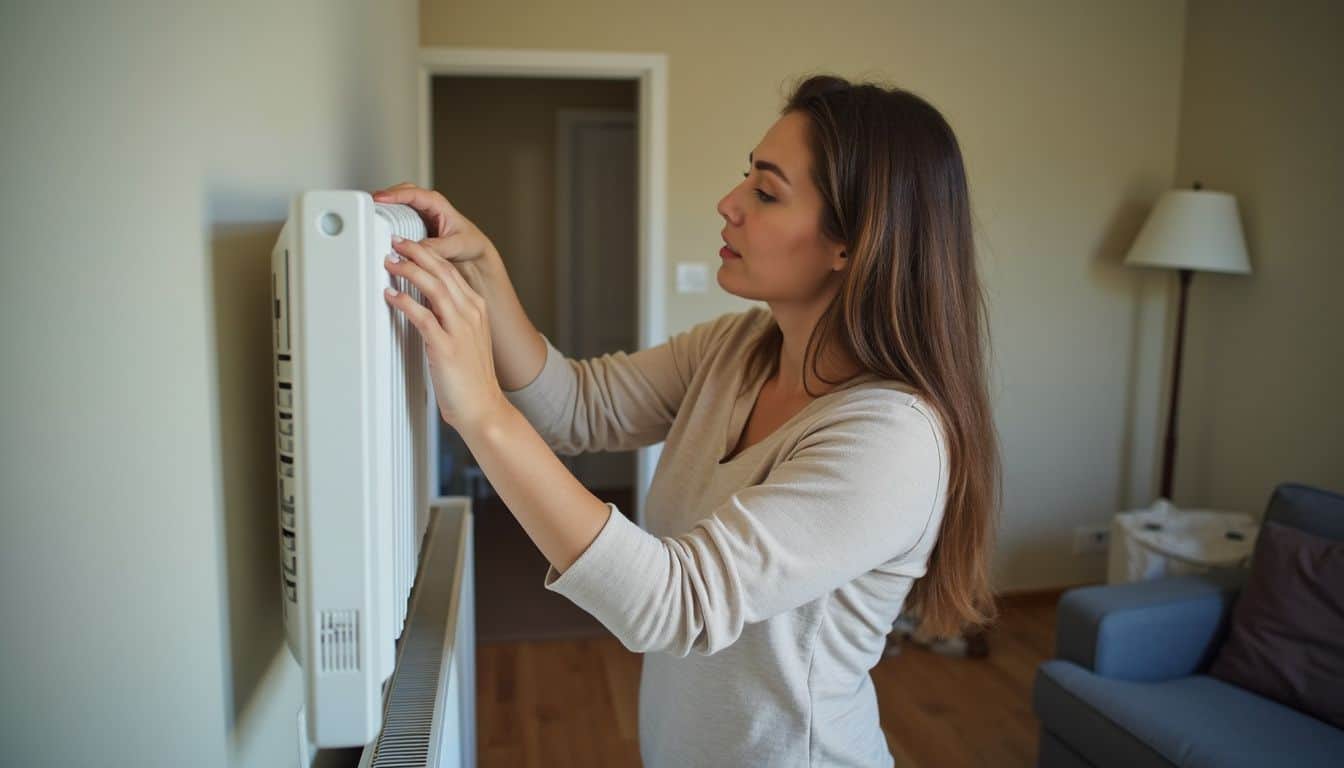 Woman positioning a white tube-style heater in a bright living room. Woman positioning a white tube-style heater in a bright living room.
