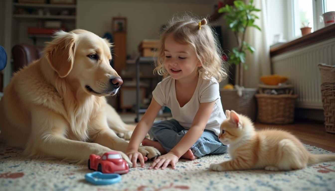 A young girl plays with a Ragdoll kitten and a golden retriever in a messy living room.