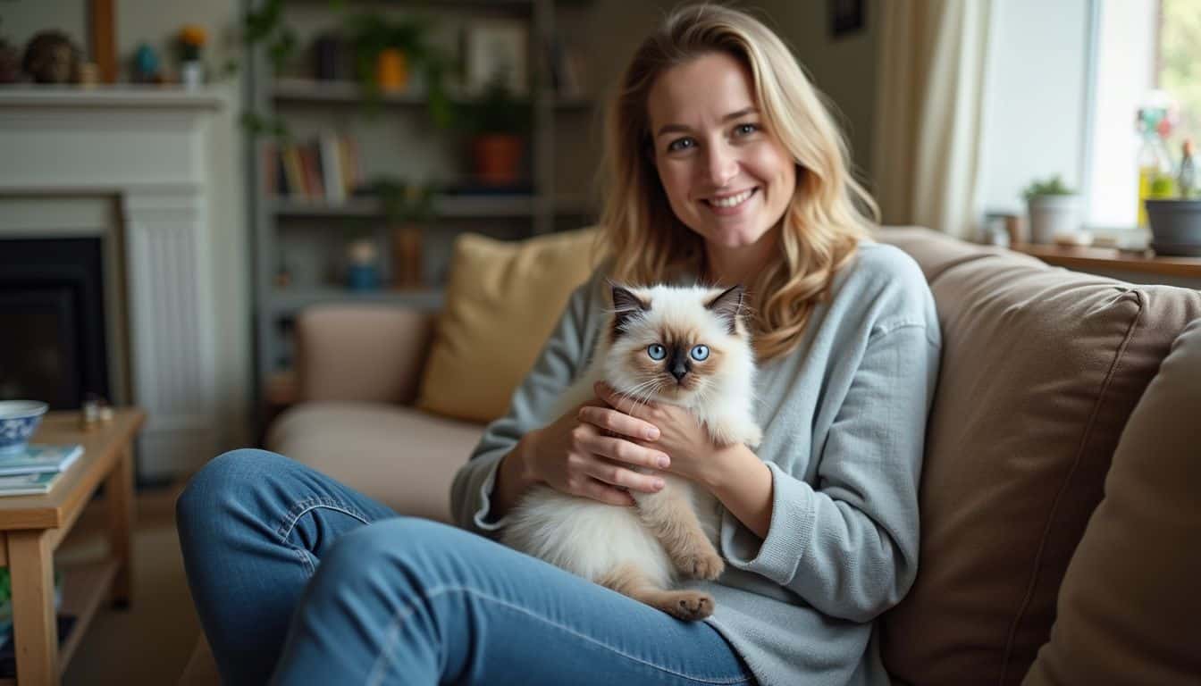 A woman in her 30s casually holds a fluffy Ragdoll kitten on a slightly worn couch in her cluttered living room.