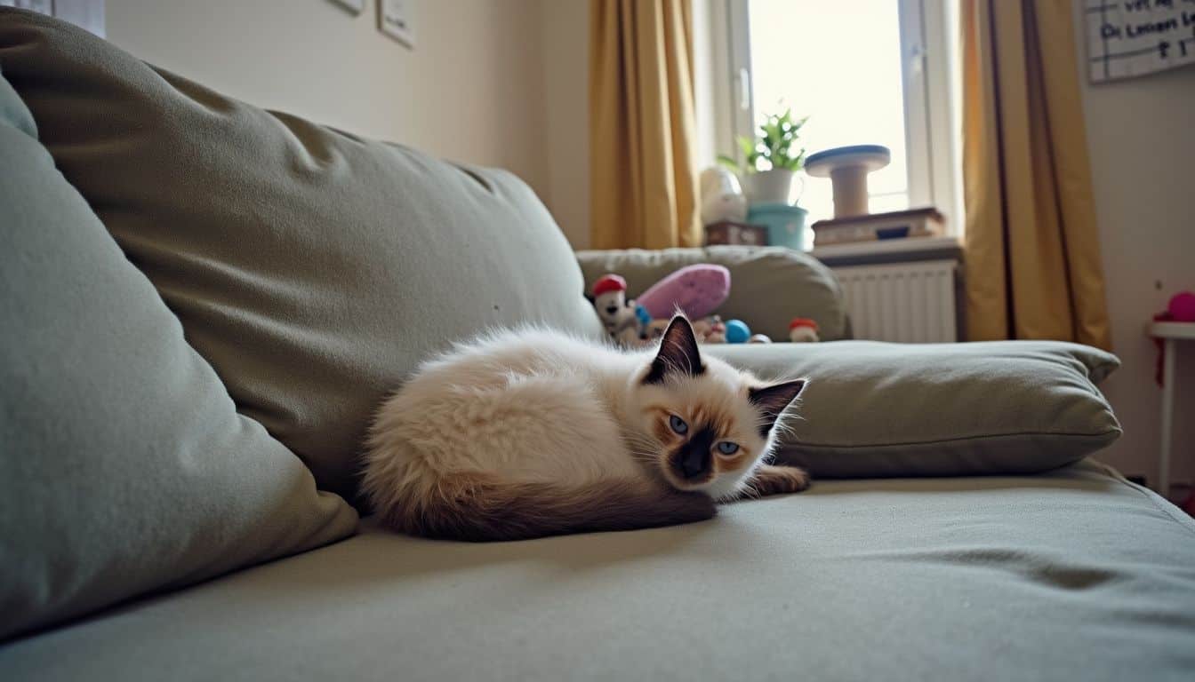 A ragdoll kitten curls up on a cozy couch surrounded by toys and a scratching post, hinting at home life.