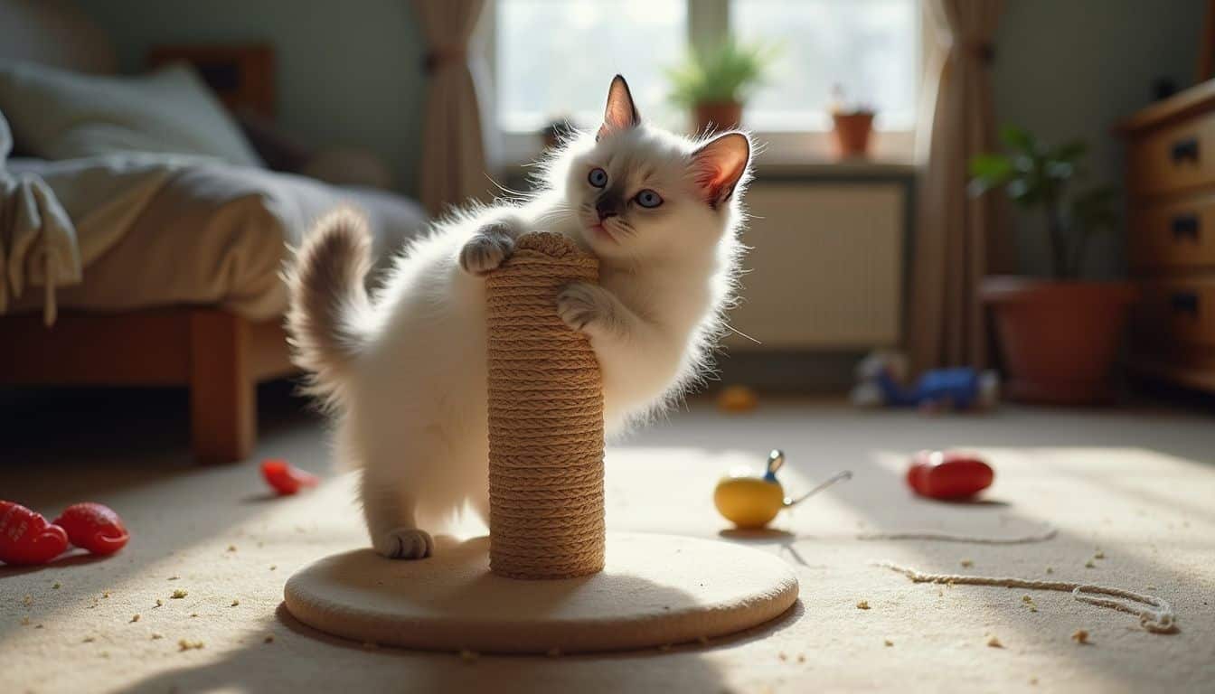 A playful Ragdoll kitten bats at a worn scratching post in a cozy, lived-in living room.