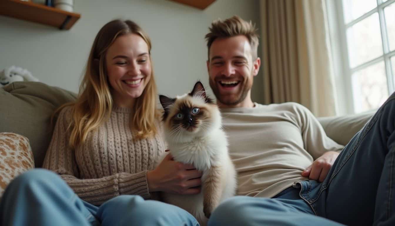 A relaxed couple enjoys watching their playful Ragdoll kitten perform tricks in their cozy living room.